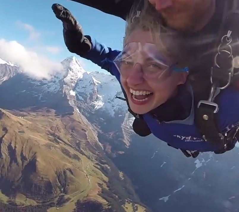 Zoe Moyer went skydiving in Switzerland when she was an Albright Institute fellow working at the World Health Organization.