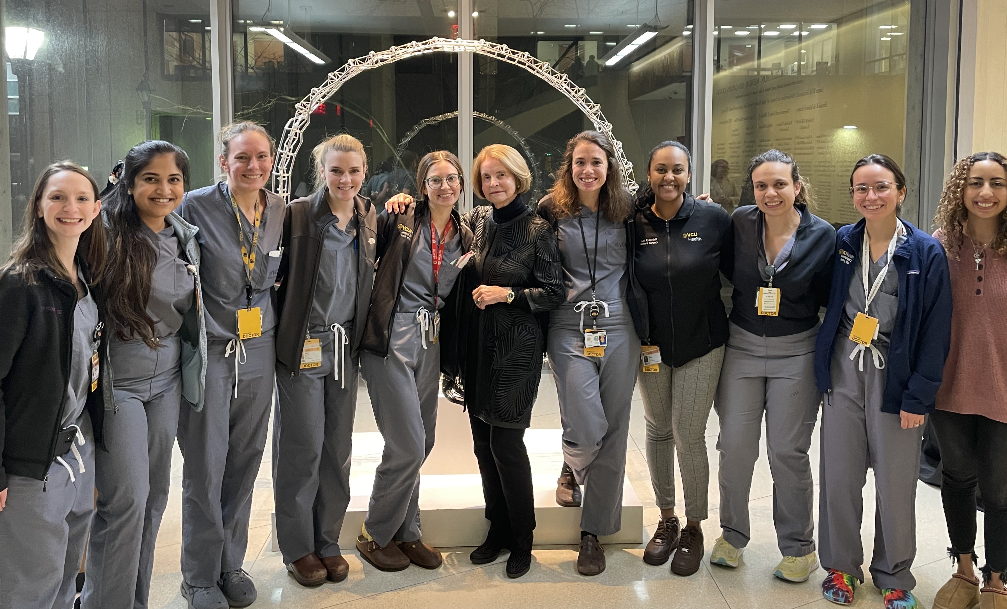 Erika M. Blanton, H'71, F'73 (center), meets with female surgical residents at the inaugural lectureship in her name. Photo by Janelle Fortes, VCU Department of Surgery.