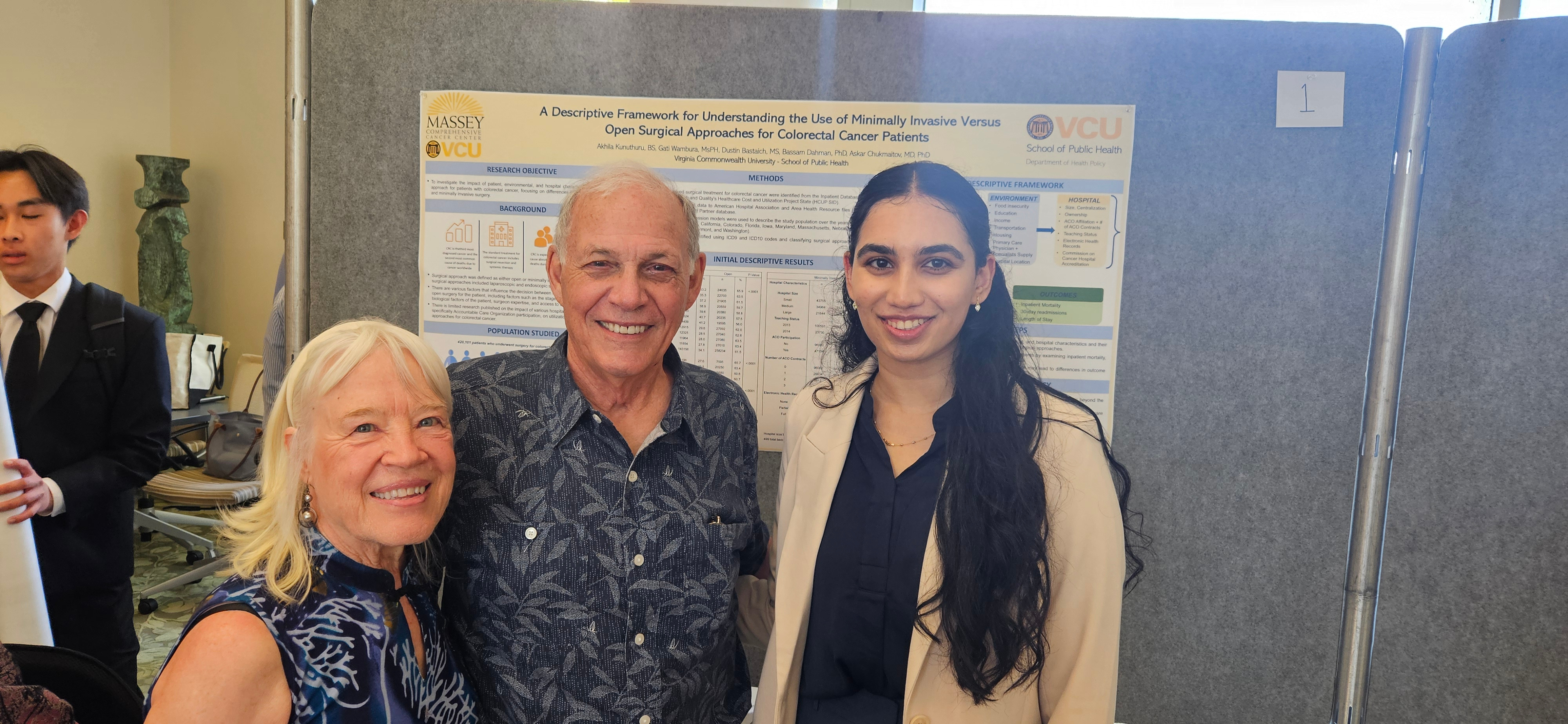 Second-year medical student and Popp Fellowship recipient Akhila Kunuthuru (right), with Nancy and Jack Haar, Ph.D., who established the James D. Popp Student Research fund. (Photo by Jasmine Davis)
