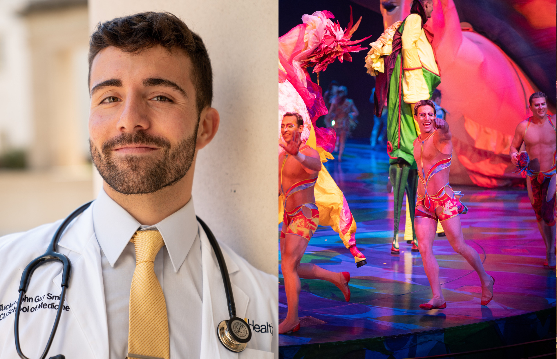 Over the past year, medical student Tucker Smith (center), has been performing trapeze in Las Vegas (courtesy photos)