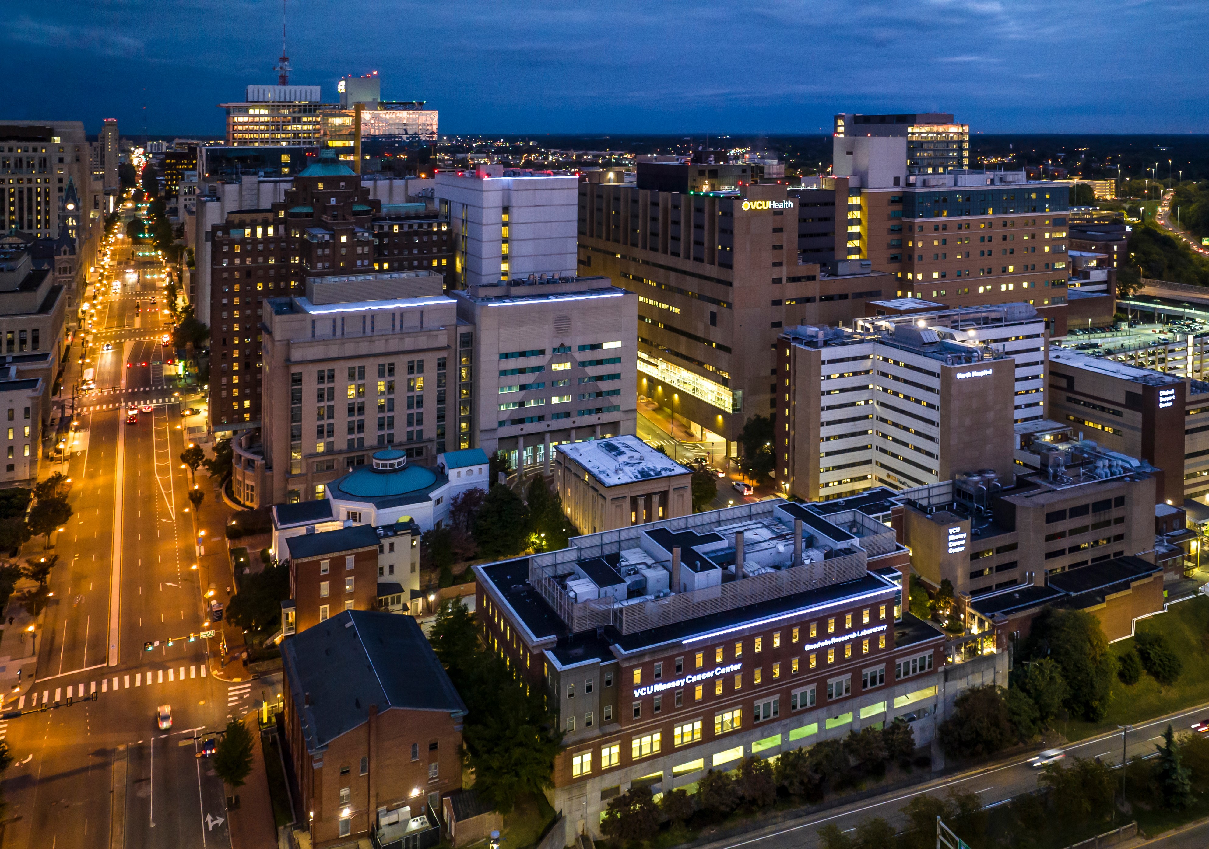 A 2023 aerial view of the MCV Campus. Photo by Joe Kuttenkuler, VCU Enterprise Marketing and Communications.