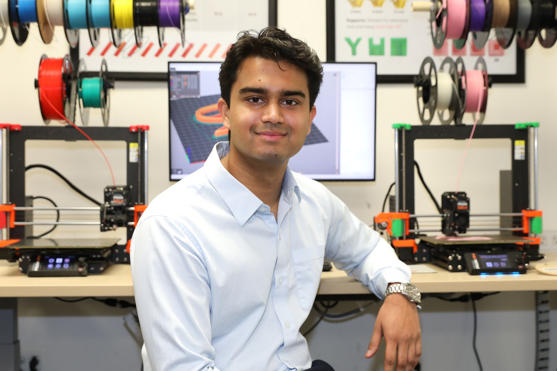 Nihal Patel, a second-year medical student, in the The Workshop in James Branch Cabell Library, where he designs and prints assistive devices for VCU Health patients (photo by Arda Athman, School of Medicine)