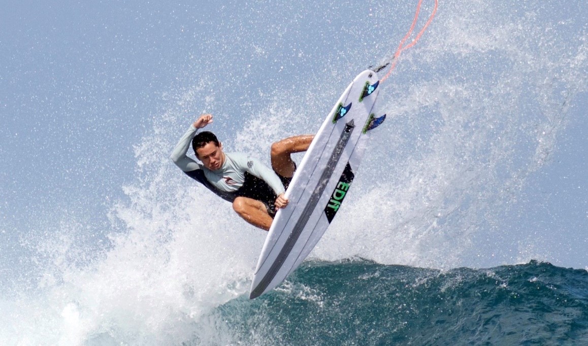  Logan Laubach, a surfer since age 4, has ridden waves around the world, including in Indonesia. 