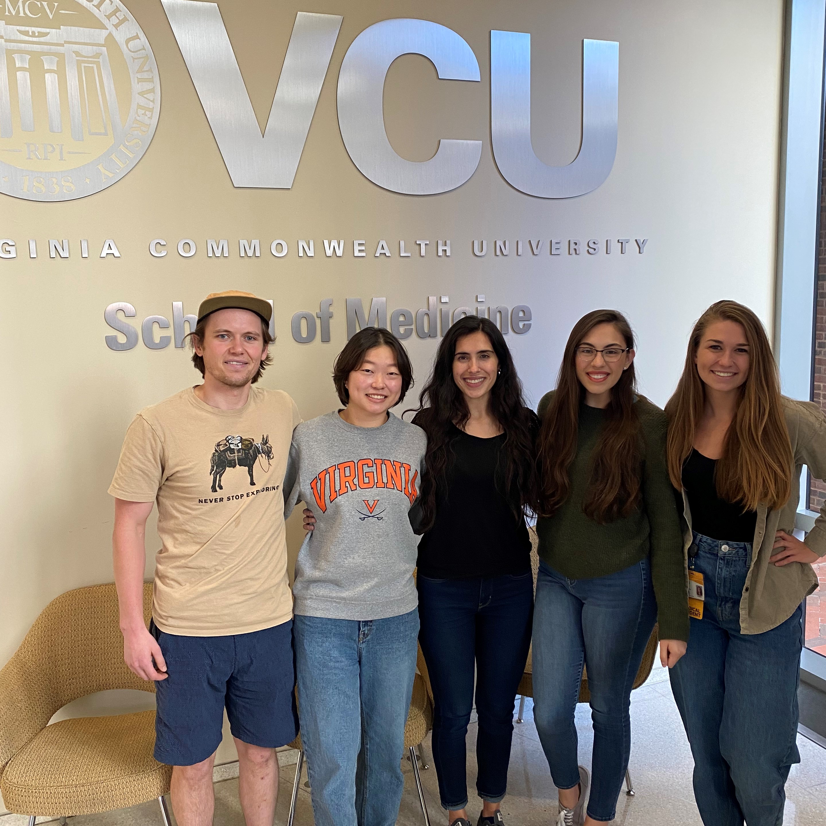 Latino Medical Student Association executive board: Jeremy Allred, M2, language co-chair (far left), Annette Min, M2, language co-chair (second from left), Demitra Chavez, M2, president (middle), Rebecca Moncayo, M2, outreach coordinator (second from right), Claudia Bale, M2, treasurer (far right)