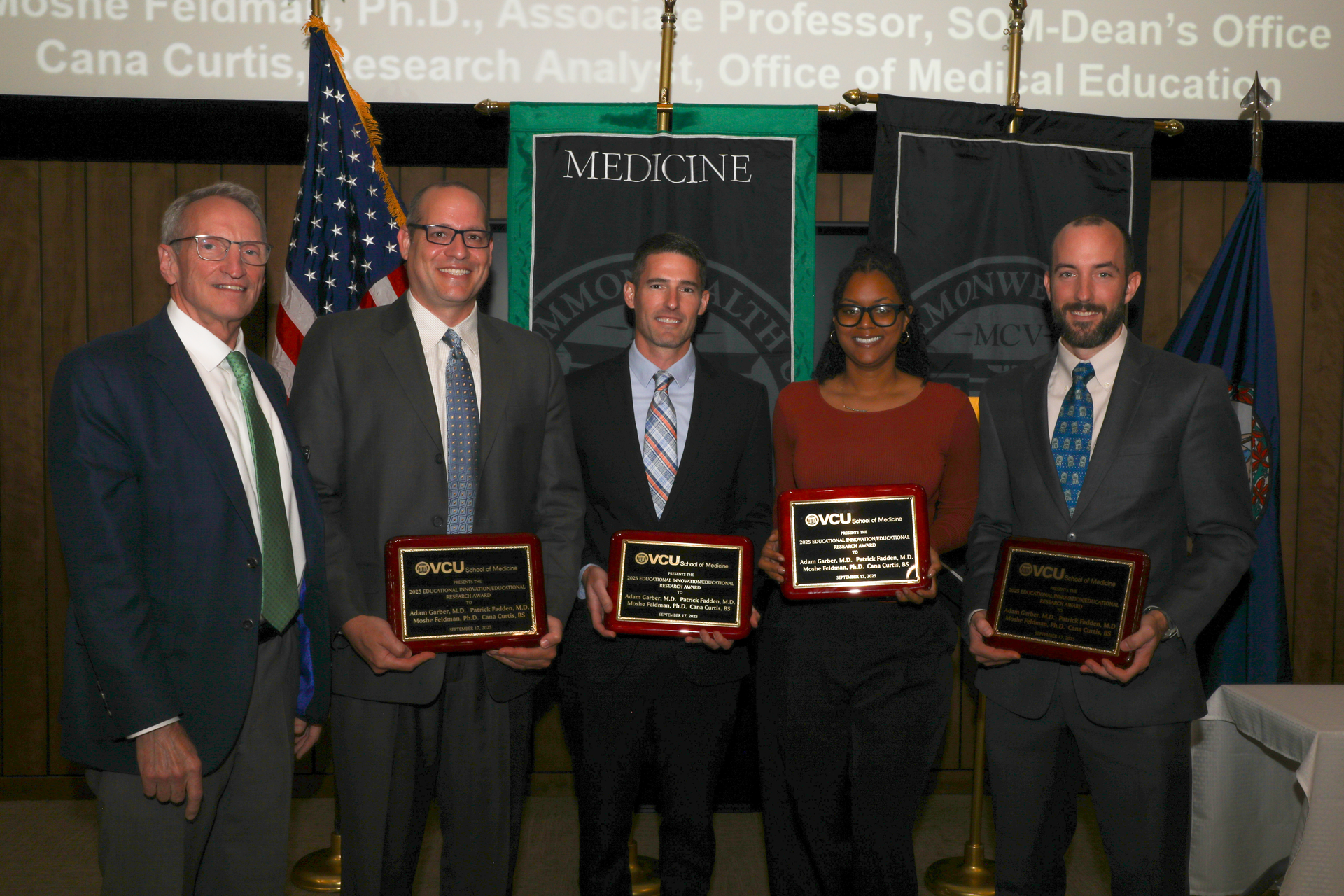 (From left) Scott P. Stringer, M.D., senior associate dean for clinical affairs, presented the Educational Innovation/Educational Research Award to Moshe Feldman, Ph.D., Adam Garber M.D., Cana Curtis and Patrick Fadden, M.D. as part of the 2025 Faculty Excellence Awards (photo by Arda Athman, School of Medicine)