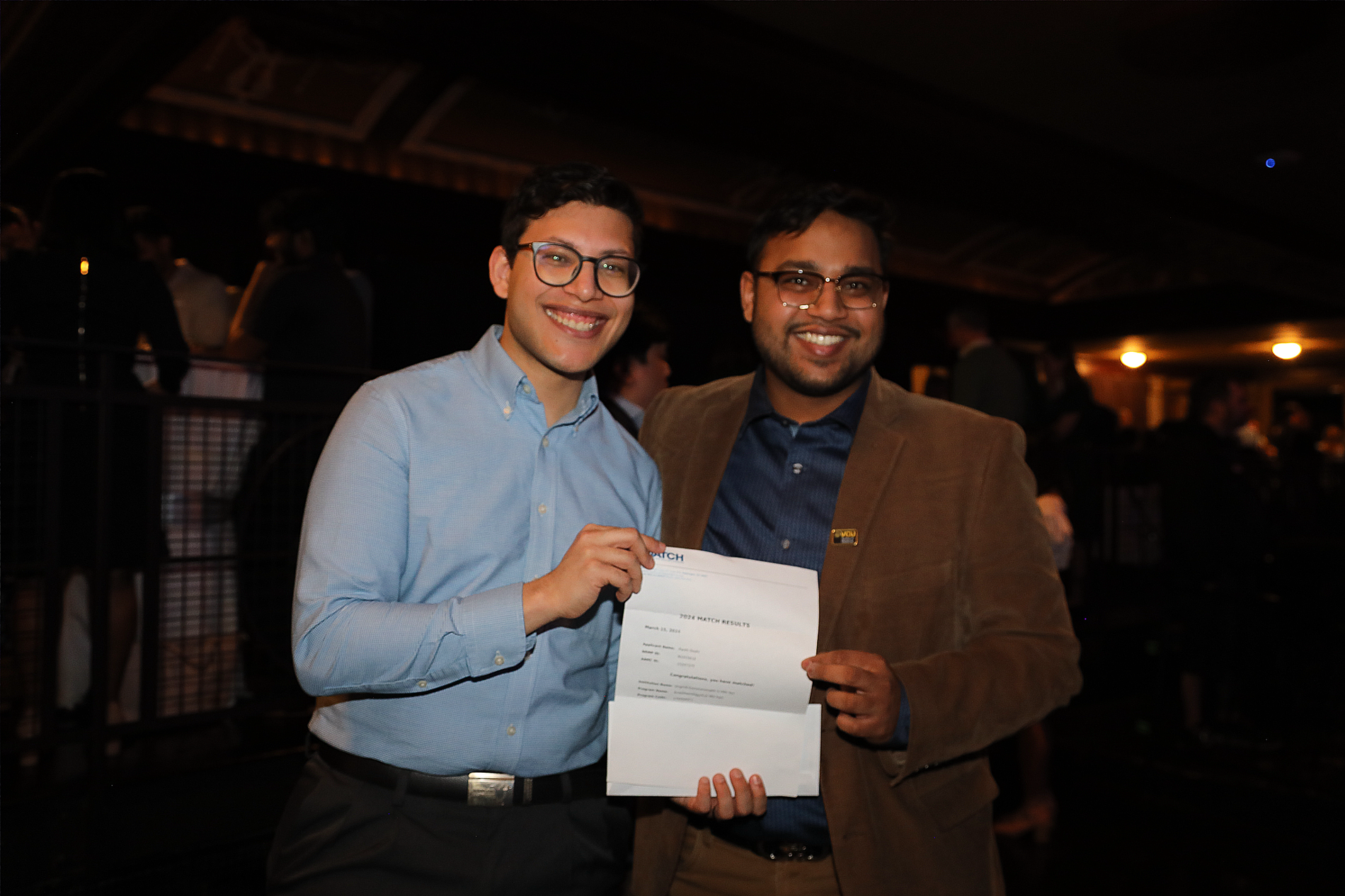 Panth Doshi and Faizaan Khan at Match Day 2024, where they both matched into the School of Medicine's anesthesiology residency program. (Photo by Arda Athman, School of Medicine)