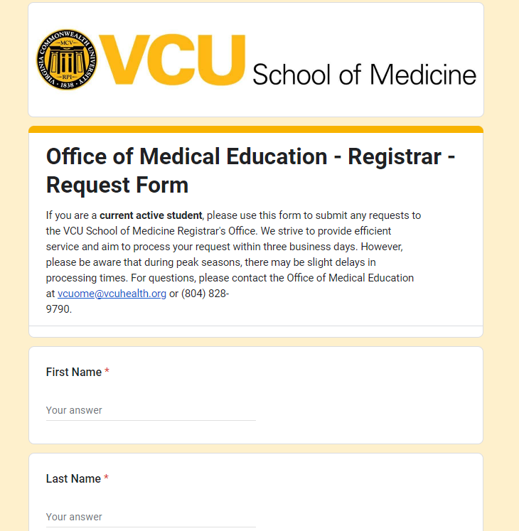 Screenshot of the document request form