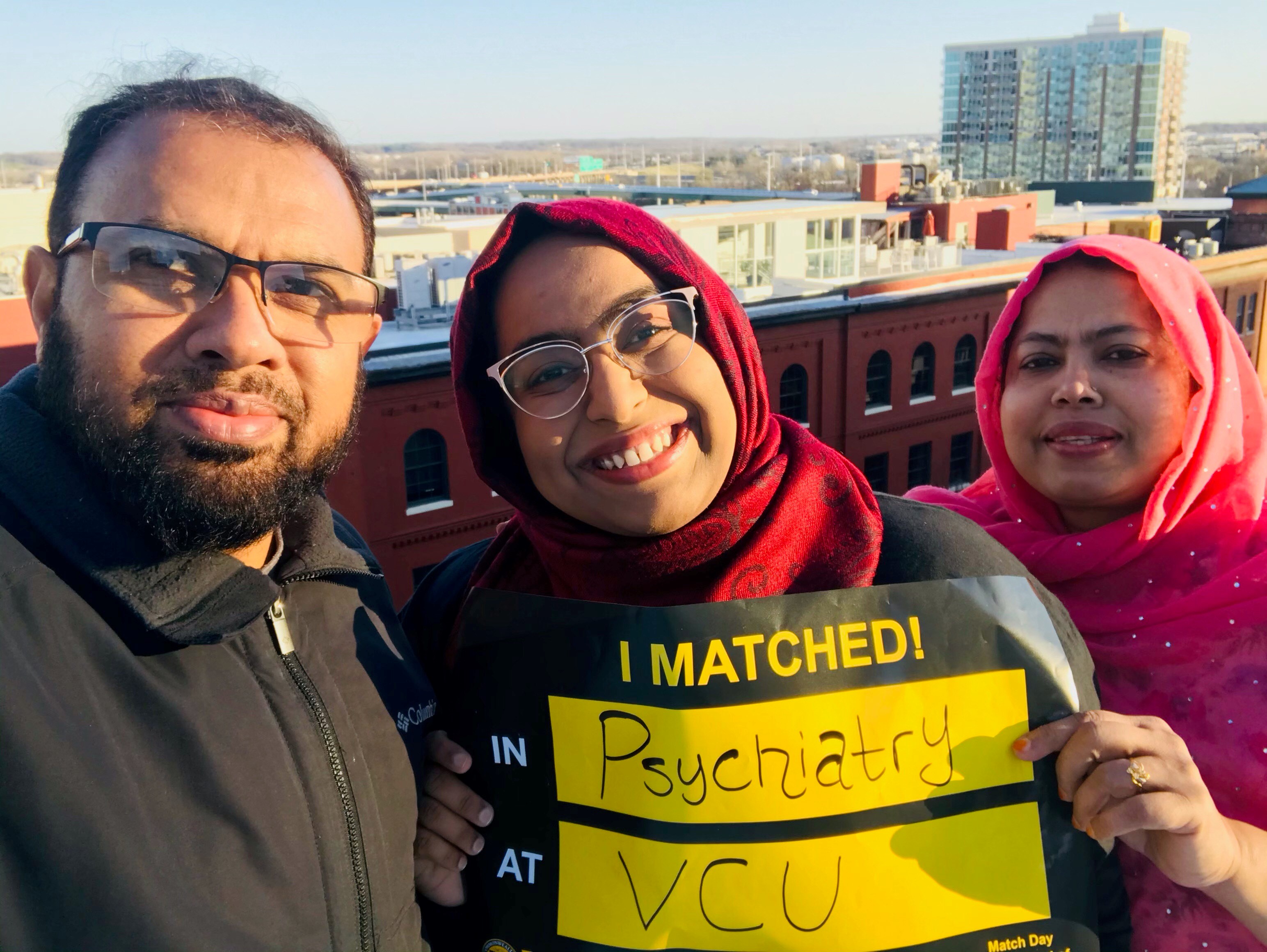 Shahida Mizan, center, is part of a small group of students at the VCU School of Medicine who have undergone a rigorous assessment of their competency to graduate in three years instead of the traditional four. These students are guaranteed acceptance into a residency program at VCU Health. (Courtesy of Shahida Mizan)