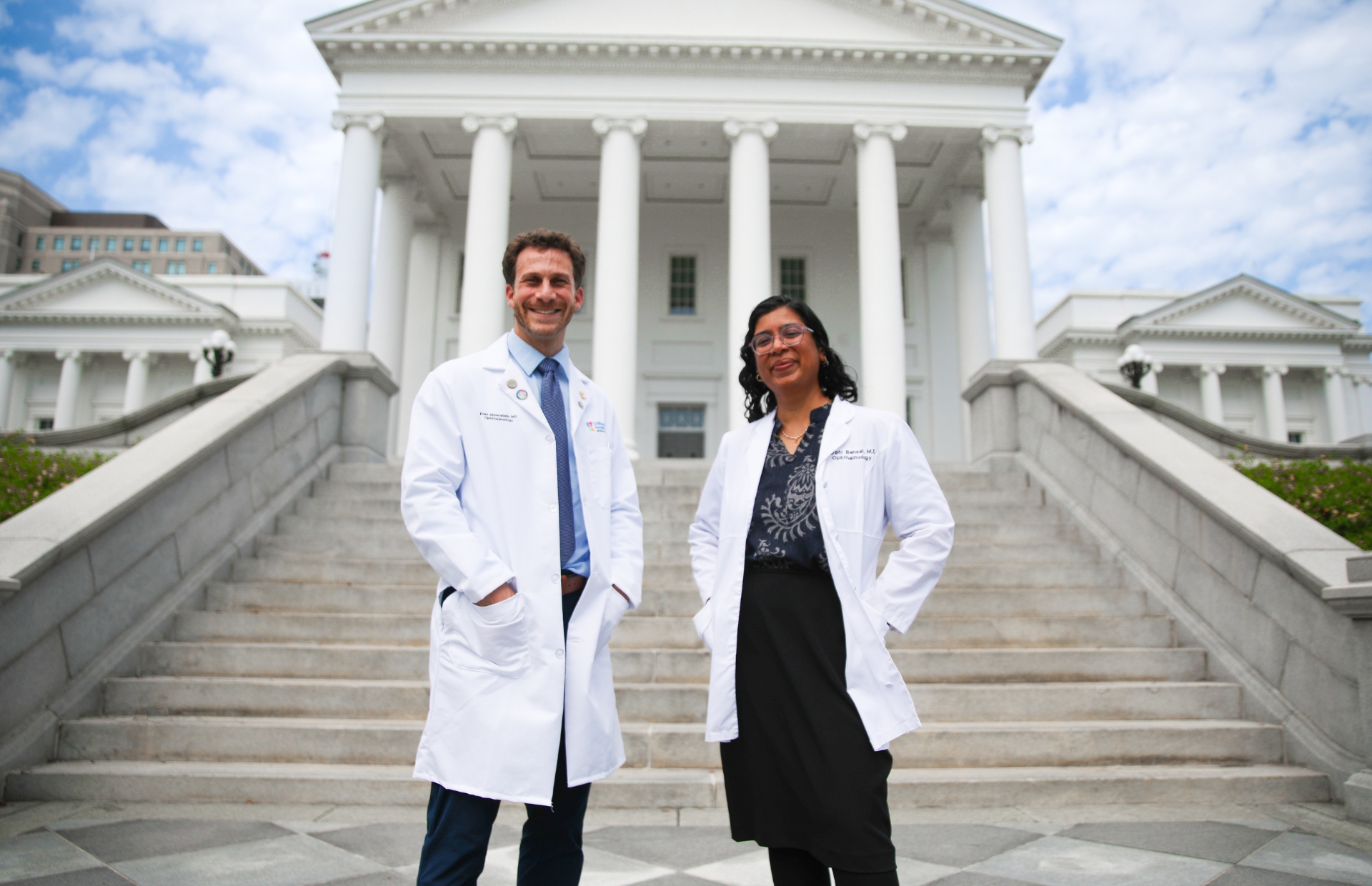 (From left) Ophthalmologists Evan Silverstein, M.D., and Surbhi Bansal, M.D., advocated for HB490, a new Virginia law expanding access to prescription eye drops. (Photo by Arda Athman, School of Medicine)