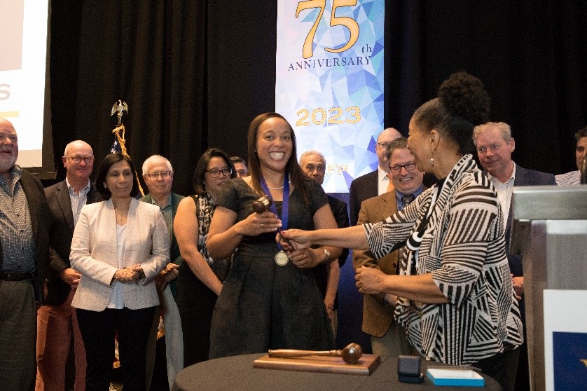 Dr. Denée Moore (left) is installed as VAFP president by former president and retired family medicine colleague Dr. Michelle Whitehurst-Cook.