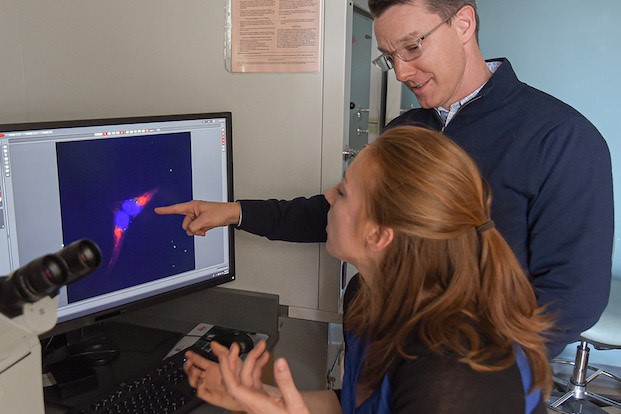 Researcher Jason Carlyon points at a computer screen while student Haley Adcox looks on.