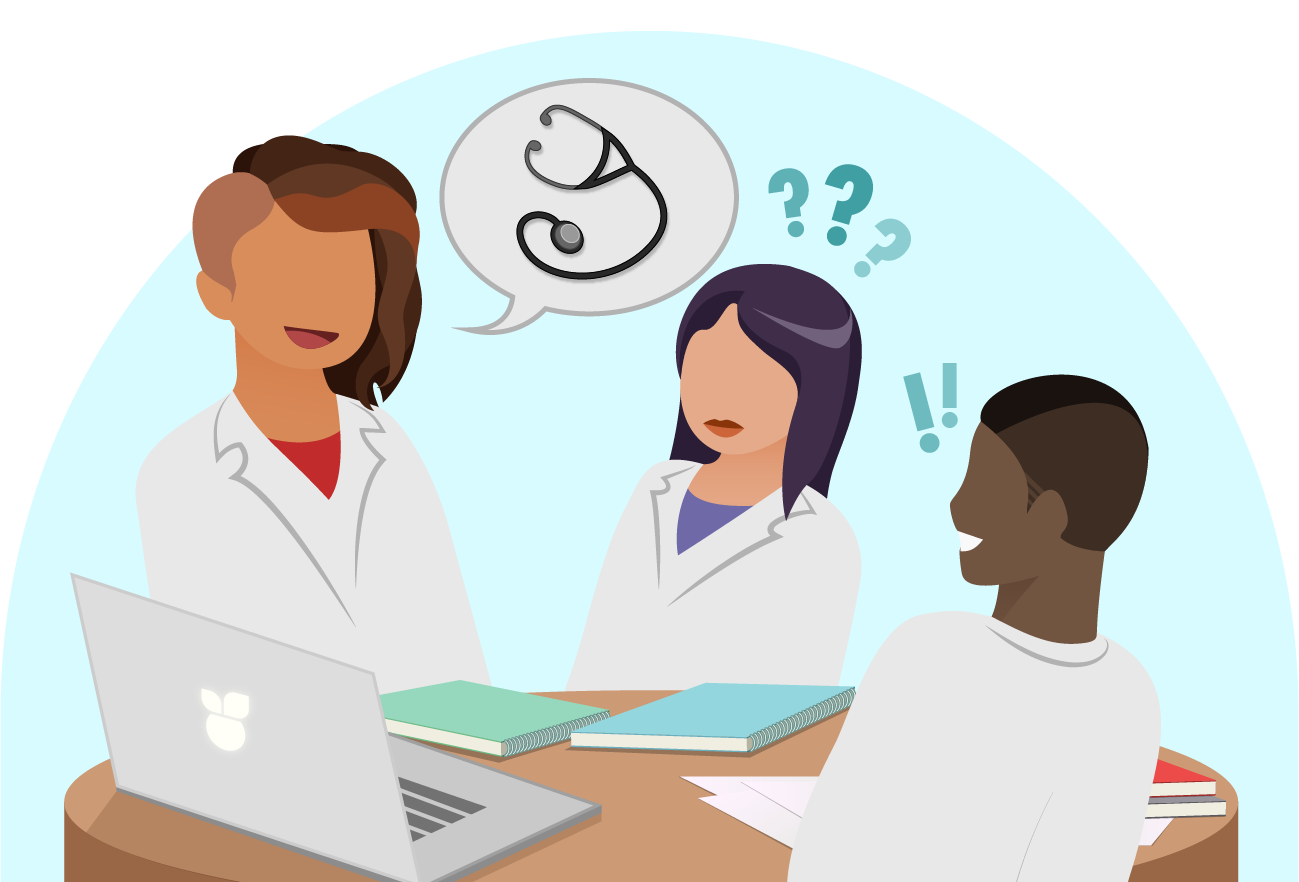 In the Patient, Physician and Society course, students use small-group discussions to explore complex issues they will face as doctors. (Illustration by Uri Hamman, VCU School of Medicine)
