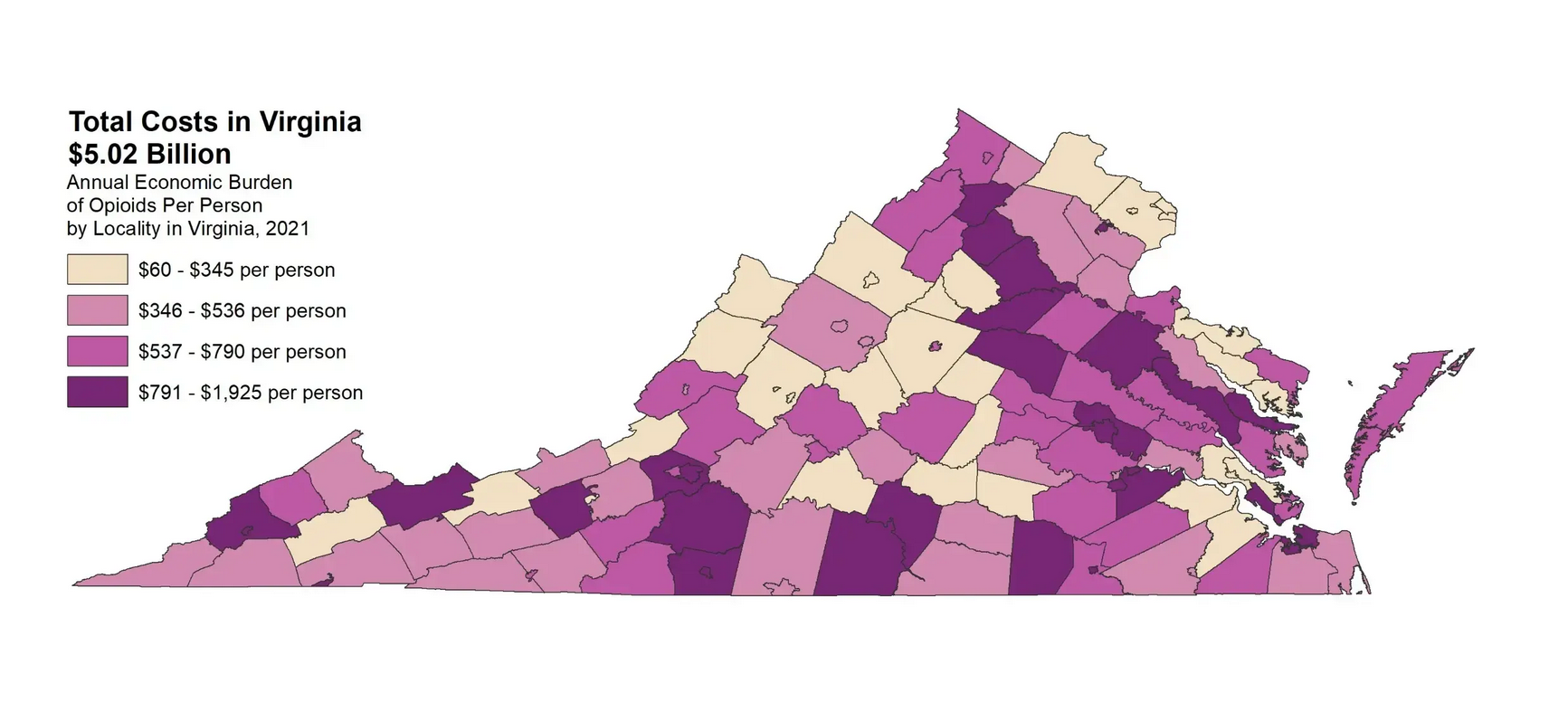 A map showing the annual economic burden of the opioid epidemic in Virginia per person by locality. (Virginia Department of Health/VCU Center on Society and Health)