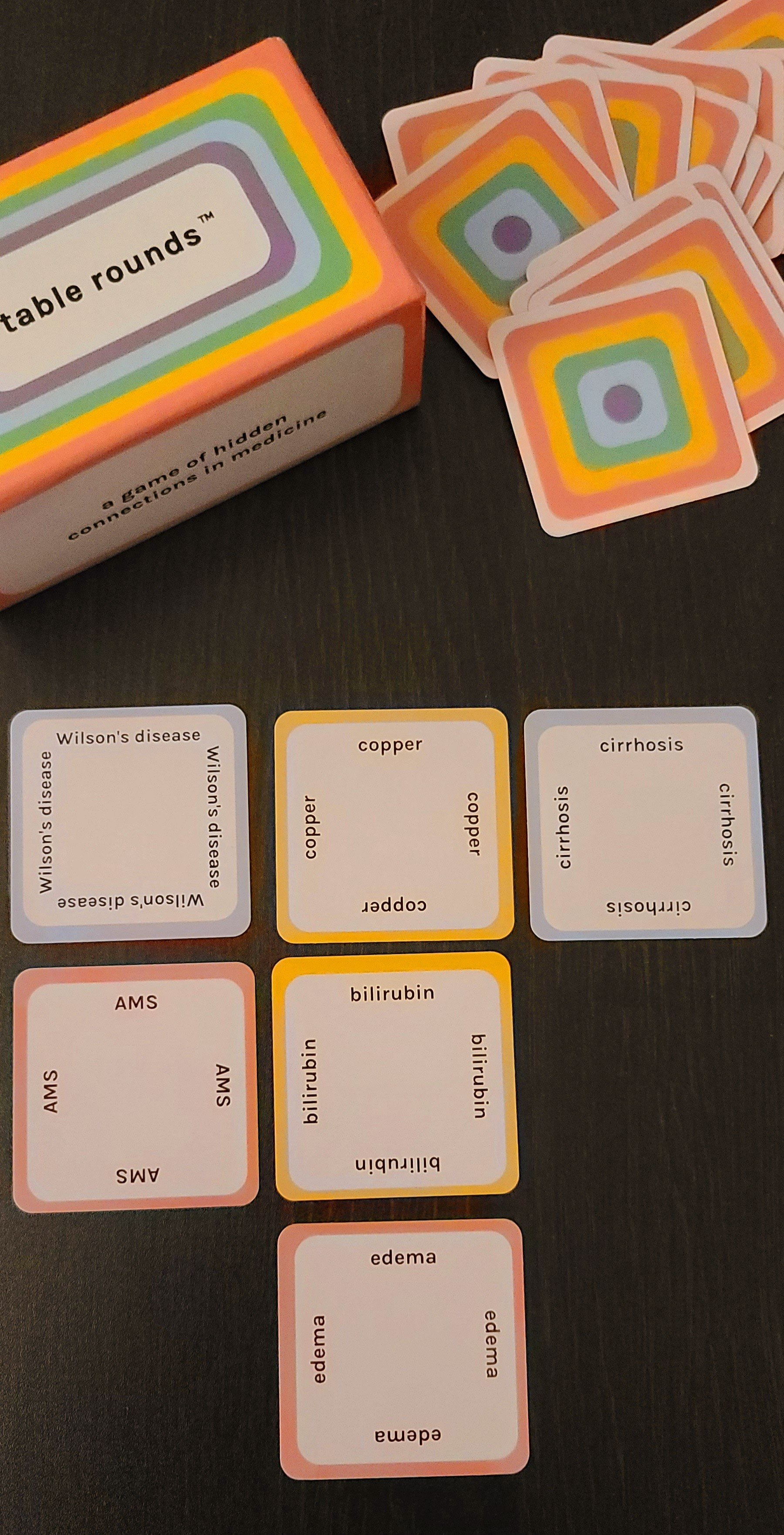 Cards from the medical education game Table Rounds are lined up on a table