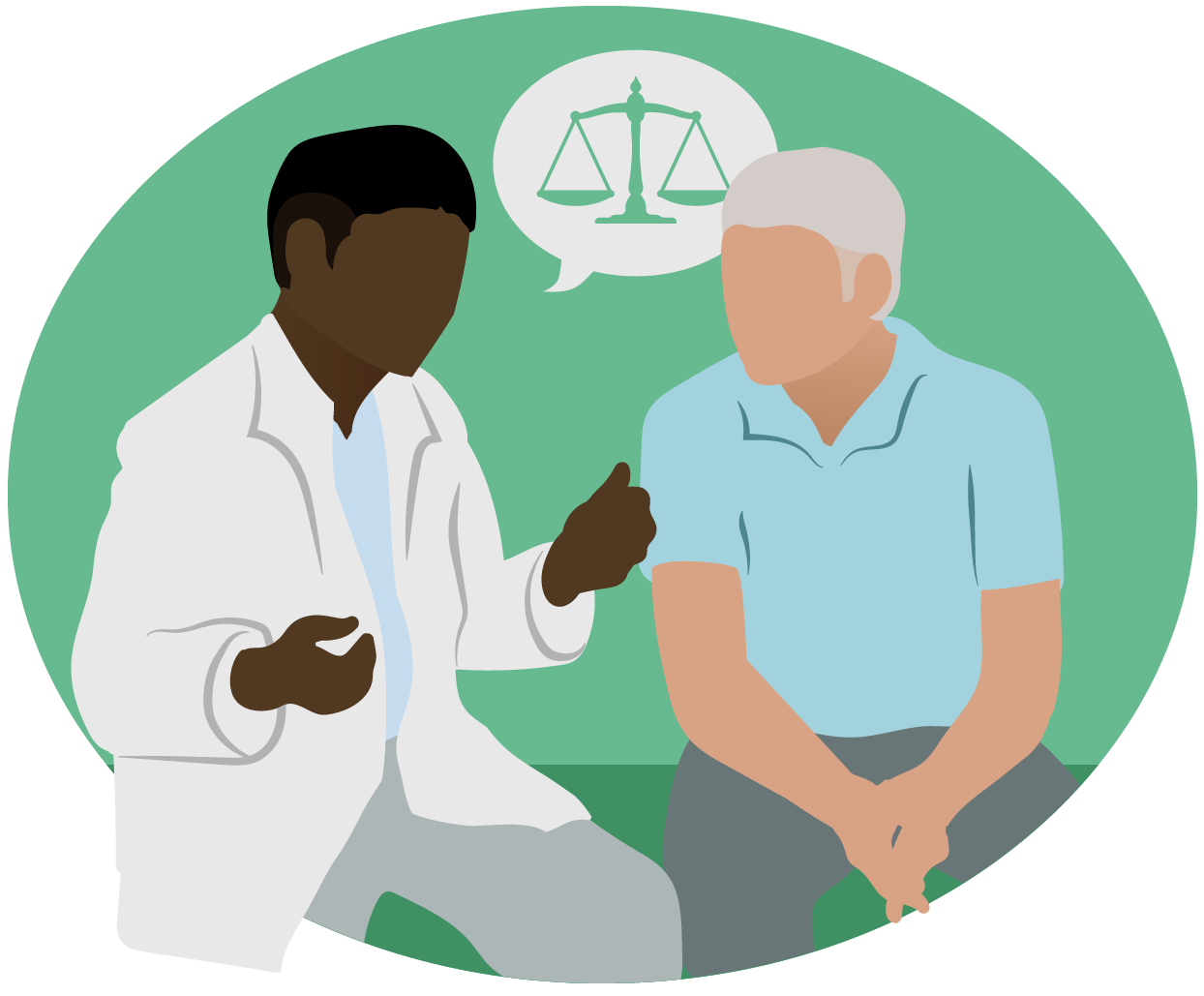An illustration of a doctor talking with a patient about health equity
