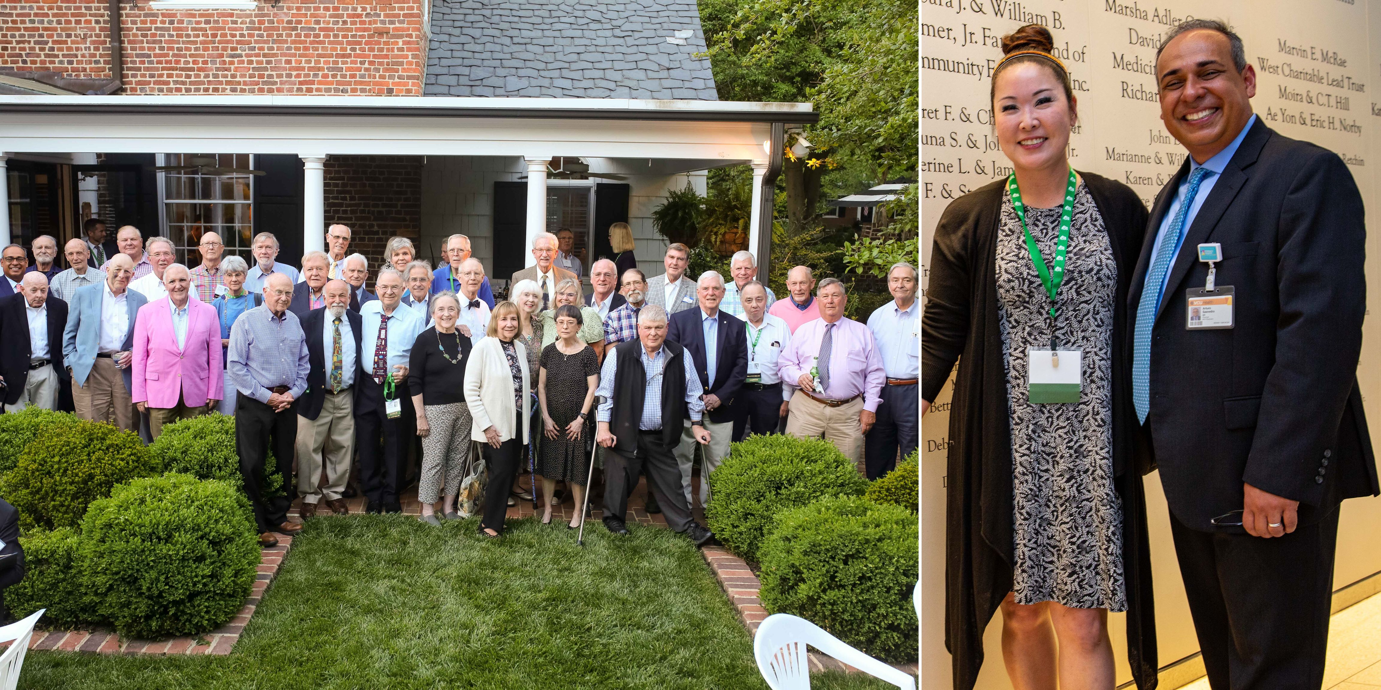 On left: The Class of 1973 gathers at the home of David Whitehead, M’73, H’76. On right: Helen Kim, MS’98 (ANAT), M’03, H’04, and Dean Arutro P. Saavedra, M.D., Ph.D., MBA. Photos by Skip Rowland.