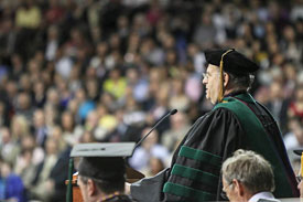 The Dean of Medicine, Jerry Strauss, M.D., Ph.D., addresses the Class of 2012 at the medical school’s convocation ceremony.