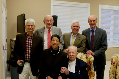 Many with ties to the medical school were on hand for Howard’s party, including: (standing, left-to-right) Anup Gokli M.D., assistant clinical professor with the Department of Family Medicine; James Darden M’58, H’63; Wyatt Beazley M’61, H’66; James Wickham M’60; and (seated) Michelle Whitehurst-Cook M79, H’82 with Doc Howard.