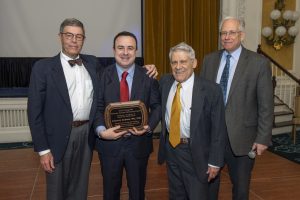 The Department of Internal Medicine celebrates the awarding of the inaugural Thames-Kontos Mentoring Award. L-R: Marc Thames, M’70; inaugural recipient Antonio Abbate, M.D., H’07; Hermes Kontos, M.D., H’62, PhD’67; and Todd Gehr, F’87, interim internal medicine chair.