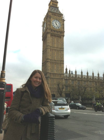 The Class of 2017’s Jackie Britz in front of Big Ben. She studied at the London School of Hygiene and Tropical Medicine, earning a master’s degree in public health last year.