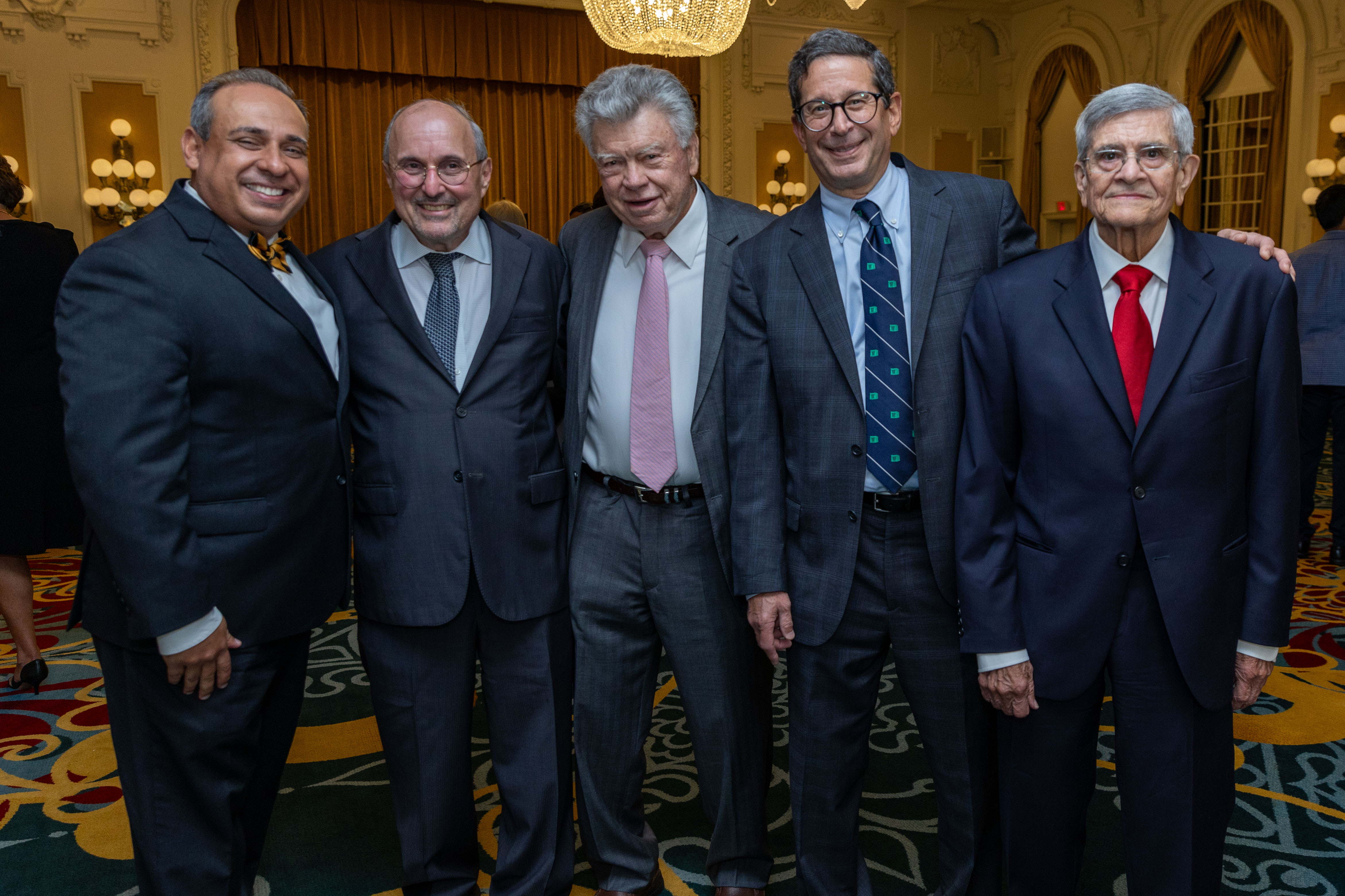 Arturo P. Saavedra, M.D., Ph.D., M.B.A., dean of the VCU School of Medicine (far left), and Wilhelm A. Zuelzer, M.D., H’81, the Richard Caspari Professor of Sports Medicine (second from left), are pictured with all three of the chairs who have led the Department of Orthopaedic Surgery through its first 30 years (from right to left): John A. Cardea, M.D., H’73, Stephen Kates, M.D. and, Robert S. Adelaar, M.D. (Photo by Skip Rowland)